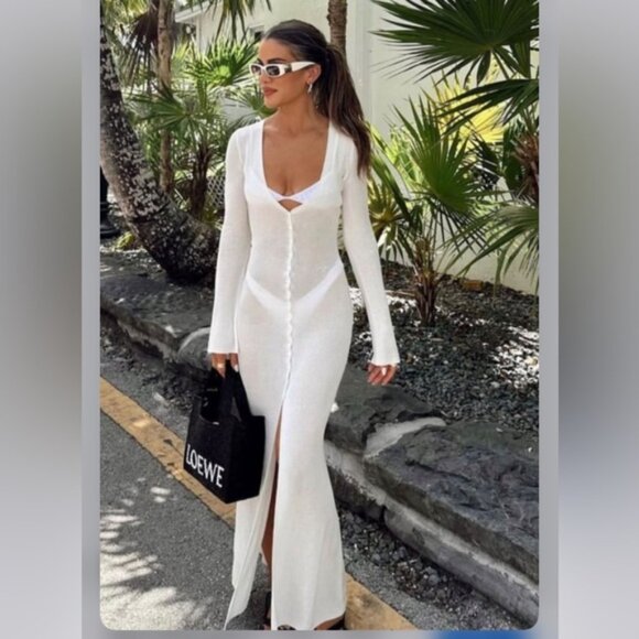 Asta Resort Ivory Nikita Dress Knit Button-down Shirt Sheer Medium Long Sleeve - Picture 3 of 11